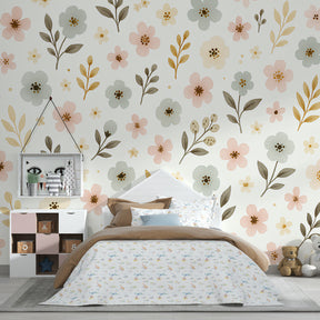Botanical children's wallpaper with delicate blooms enhancing bright playroom space
