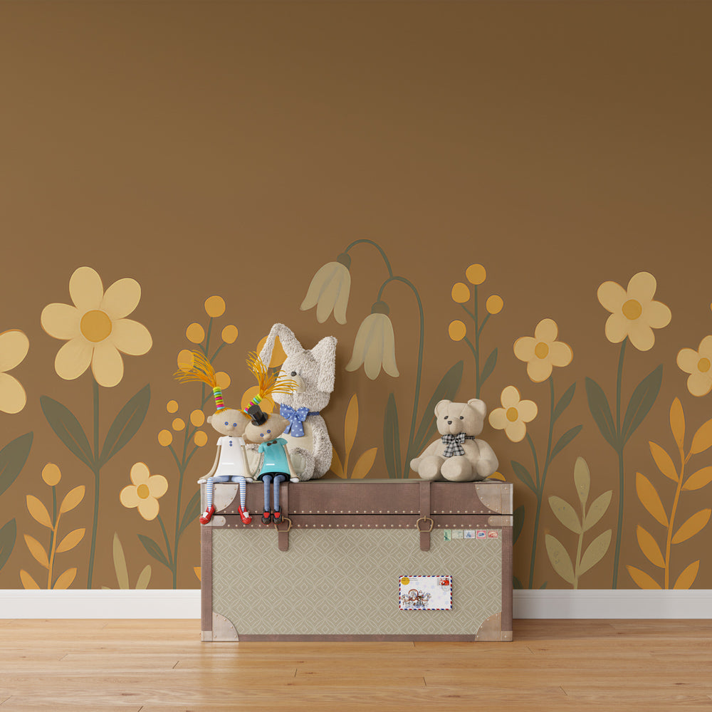 Earth-toned floral mural wallpaper complementing natural wood furniture in kids room