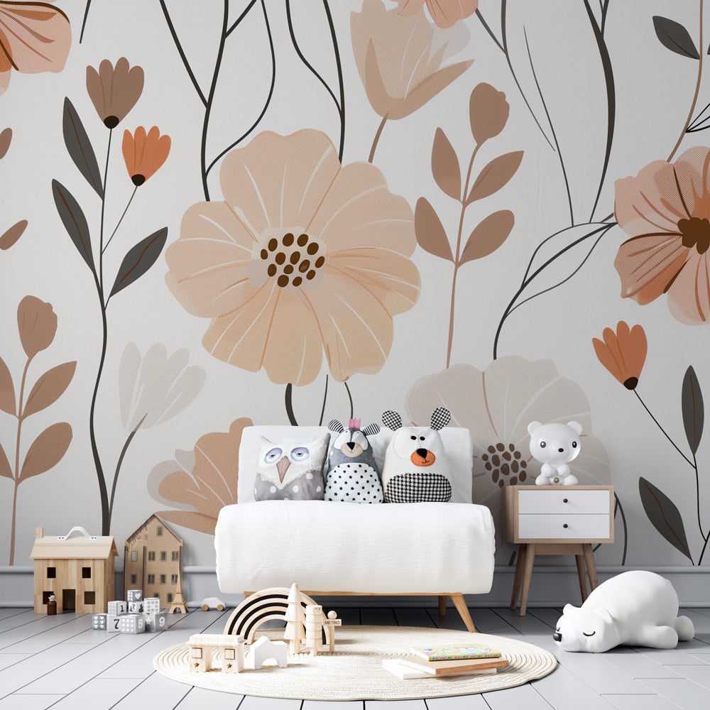 Modern botanical mural wallpaper featuring pastel blooms in stylish toddler room setting