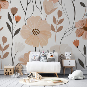 Modern botanical mural wallpaper featuring pastel blooms in stylish toddler room setting