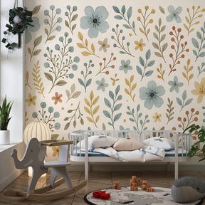Watercolor flower wallpaper transforming kids bedroom with soft pastel botanical design
