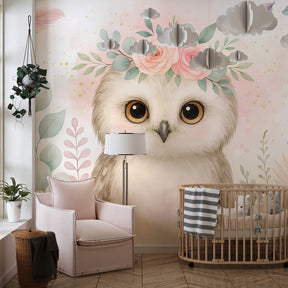 Enchanted owl wallpaper with flower crown creating magical kids bedroom decor atmosphere