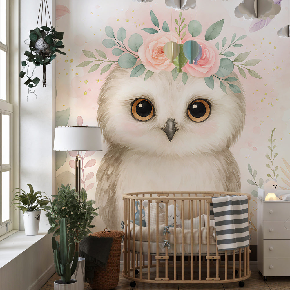 Whimsical owl and flowers mural wallpaper transforming children's playroom into garden sanctuary
