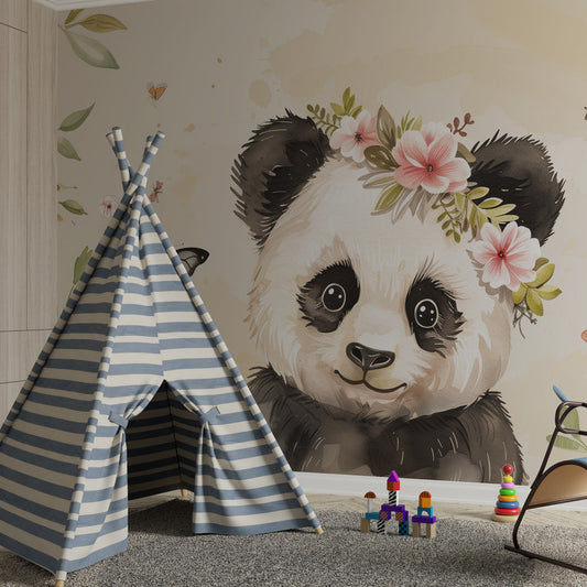 Floral panda cub wall mural by Kids-Mundo installed above a cot in a child's bedroom.