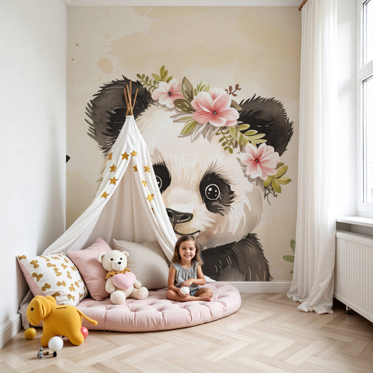 Kids-Mundo floral panda cub wall mural styled on a feature wall in a soft beige nursery.