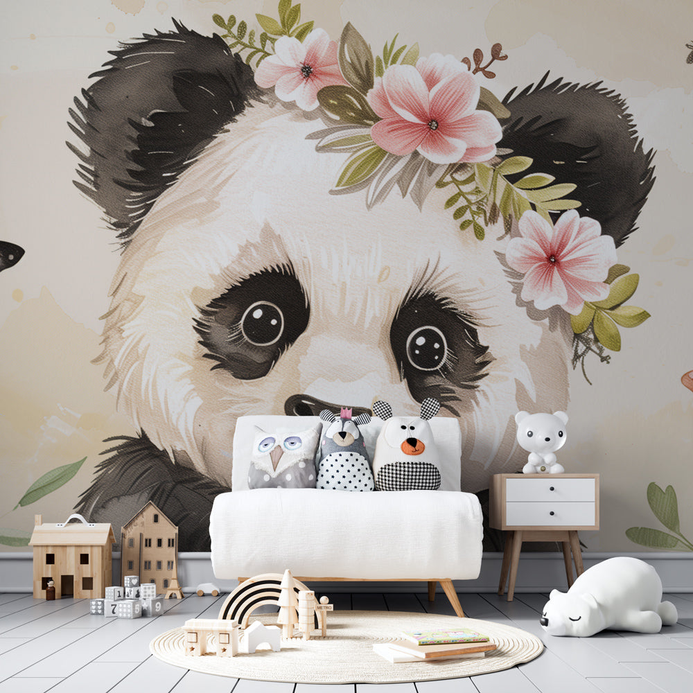 Kids-Mundo floral panda wall mural adding charm to a bright, playful playroom wall.
