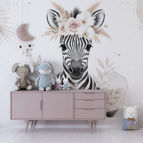 Delicate zebra wallpaper with botanical crown decorating modern kids bedroom interior