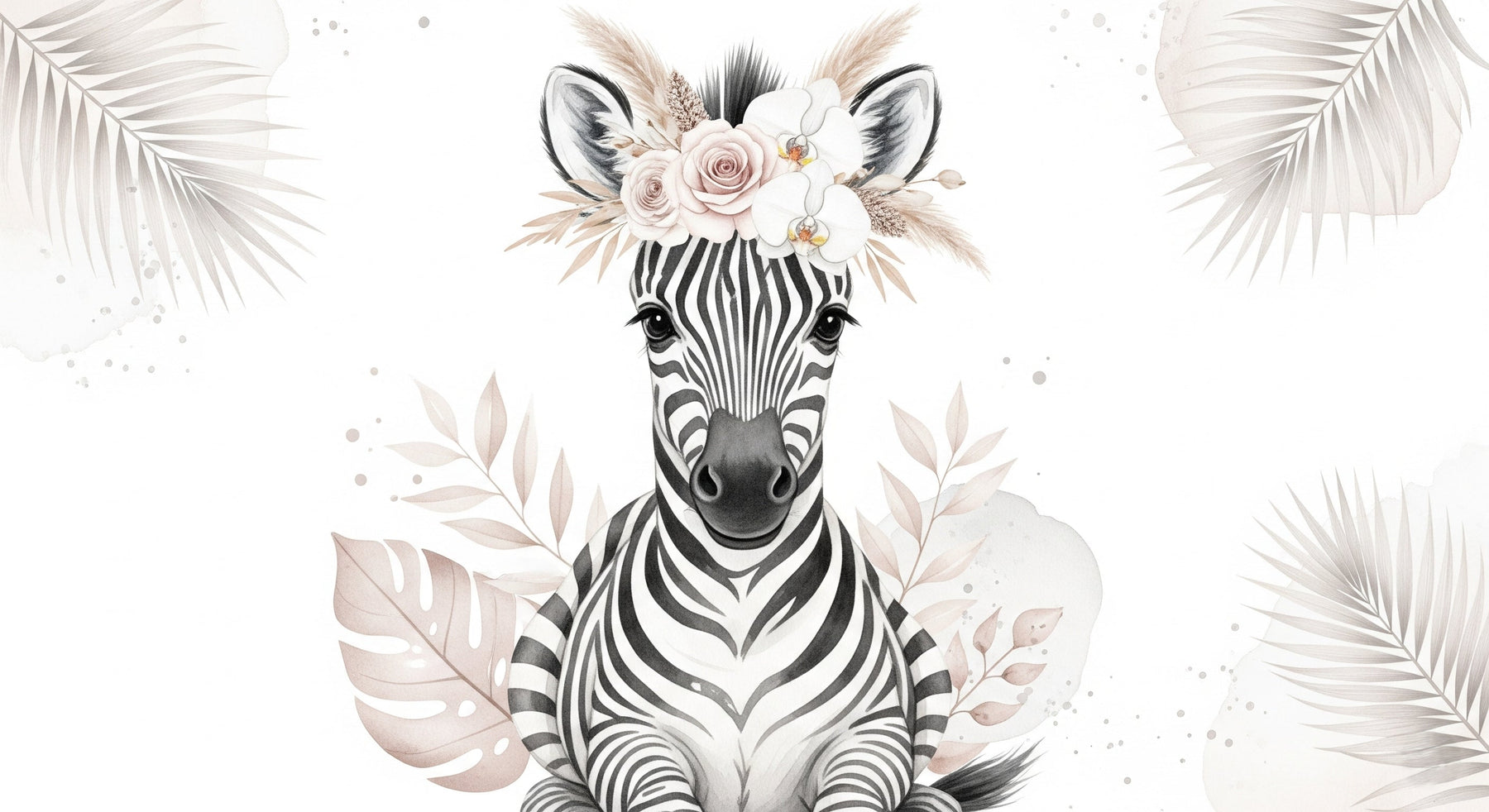 Detailed floral zebra mural wallpaper design pattern with botanical crown by Kids-Mundo