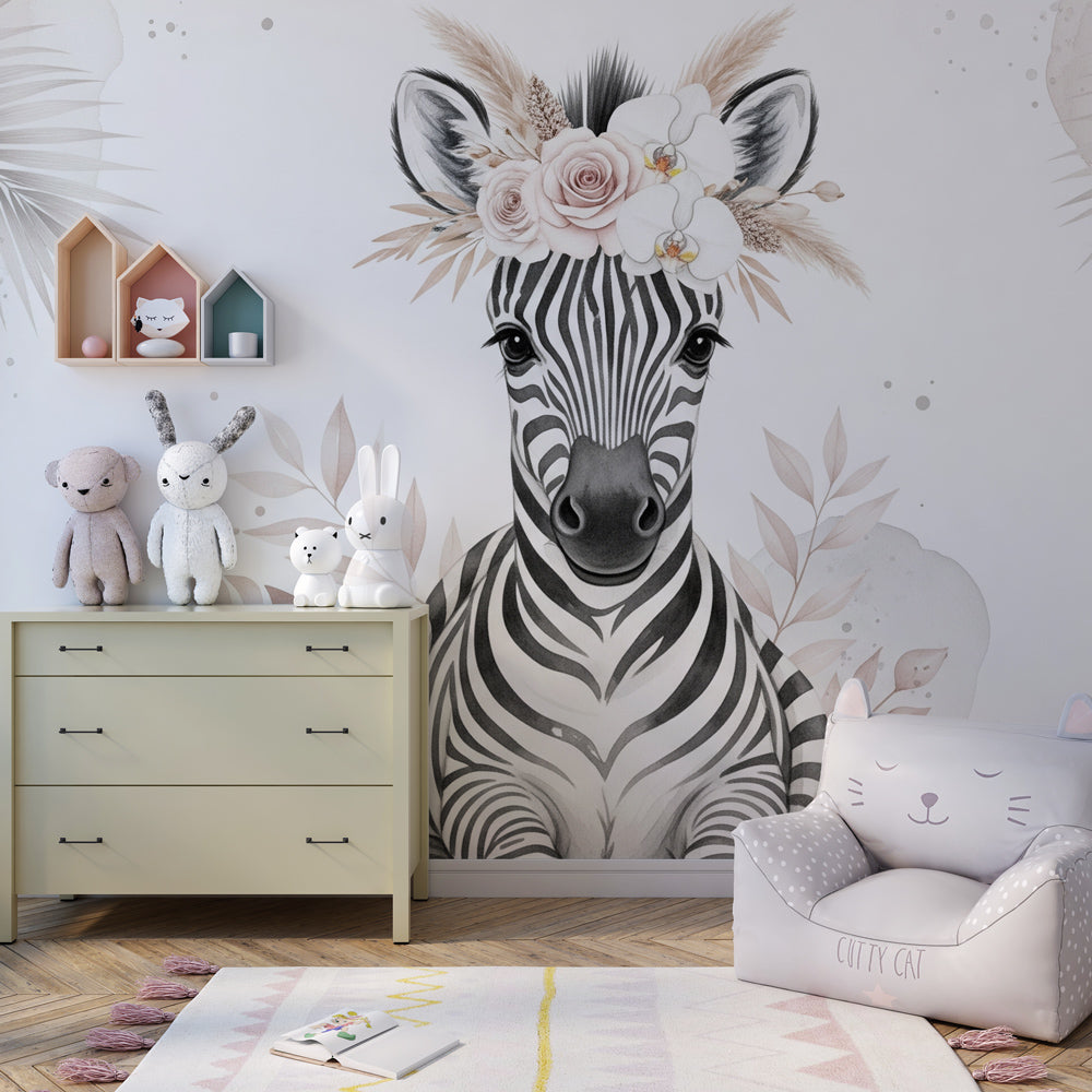 Animal-themed zebra mural wallpaper transforming children's playroom with gentle pastel colors