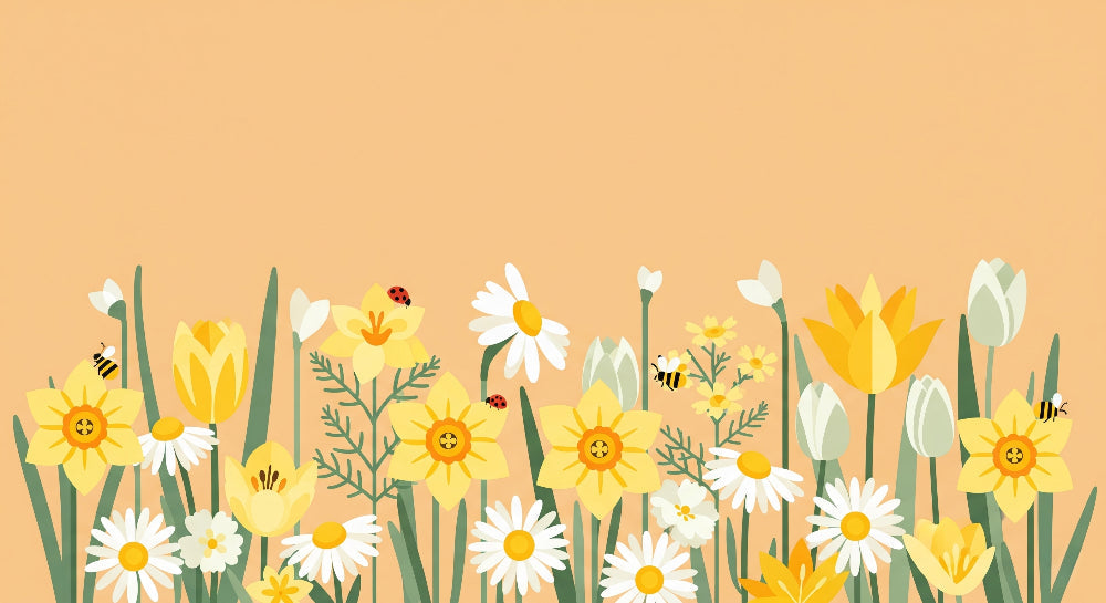 Detailed flower field mural wallpaper design pattern with daffodils tulips and bees by Kids-Mundo