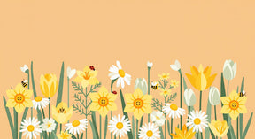 Detailed flower field mural wallpaper design pattern with daffodils tulips and bees by Kids-Mundo