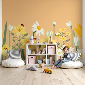 Flower field mural wallpaper with sunny garden design in bright kids nursery by Kids-Mundo