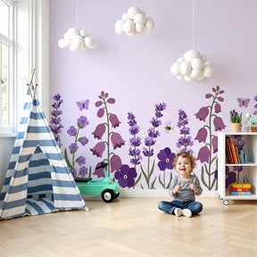 Purple flower garden mural wallpaper with butterflies in modern nursery by Kids-Mundo