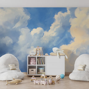 Calming sky themed mural wallpaper creating dreamy atmosphere in modern kids room by Kids-Mundo