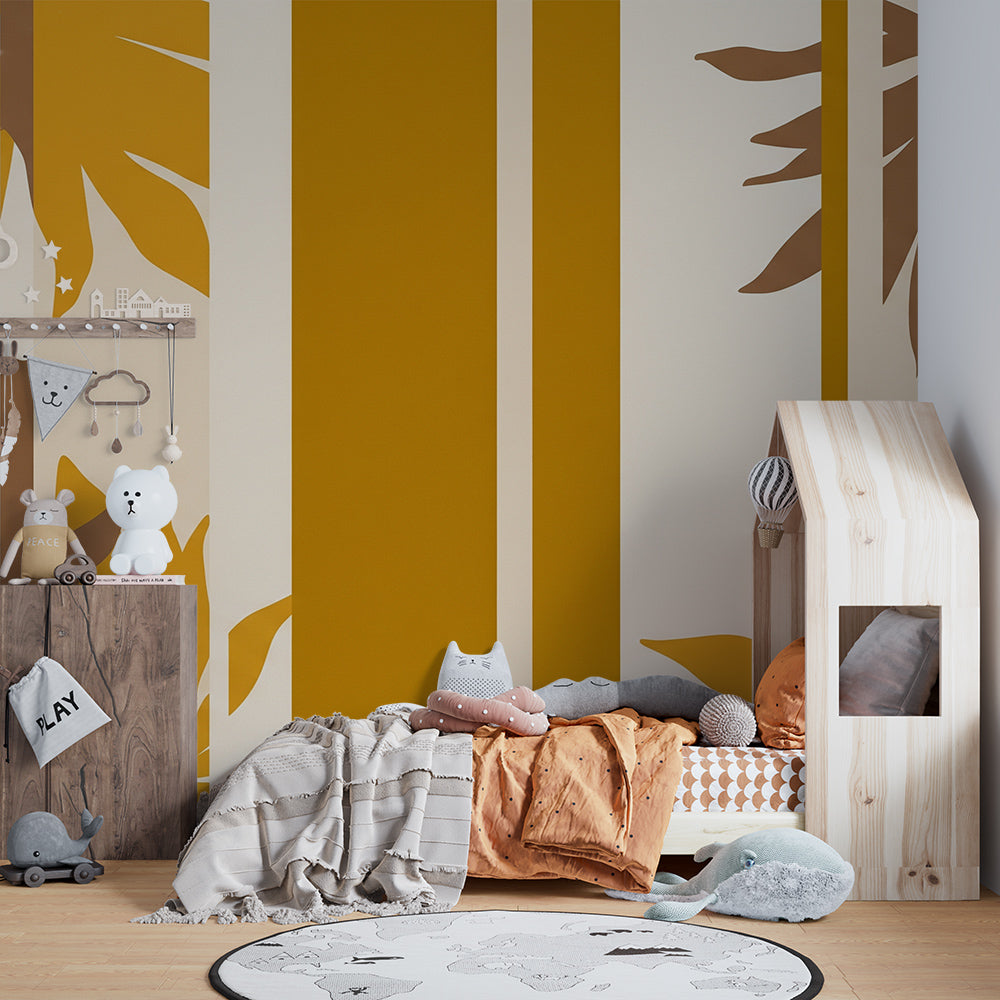 Kids-Mundo fluted panel leaf mural behind a wooden bed in a warm-toned kids bedroom