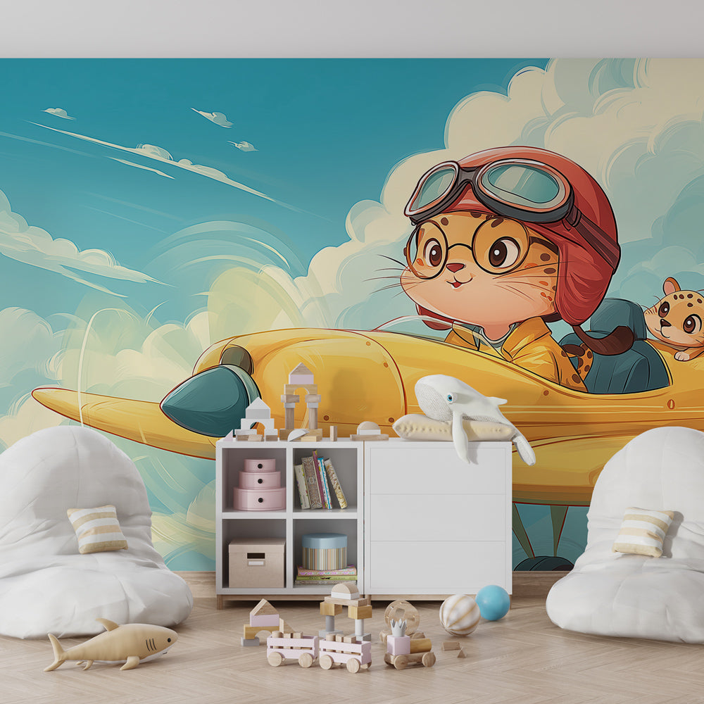 Adventure cat pilot wallpaper creating imaginative playroom atmosphere with clouds and airplane