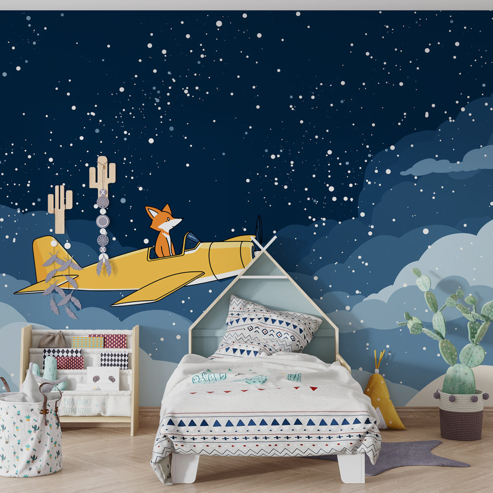 Sky adventure fox wallpaper creating magical atmosphere in modern kids bedroom