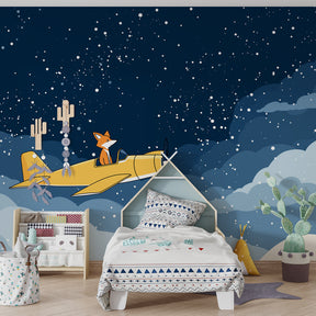 Sky adventure fox wallpaper creating magical atmosphere in modern kids bedroom