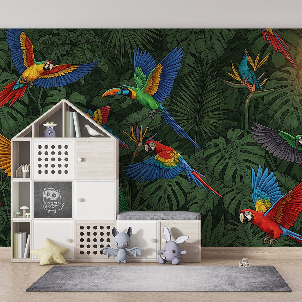 Kids-Mundo flying macaw and toucan jungle mural shown on a kids bedroom wall