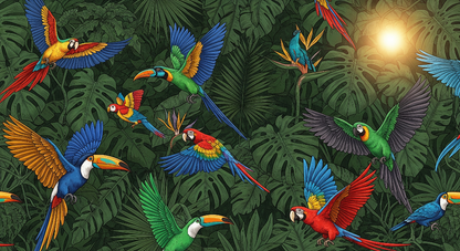 Kids-Mundo flat artwork of colourful flying parrots and a toucan in the jungle