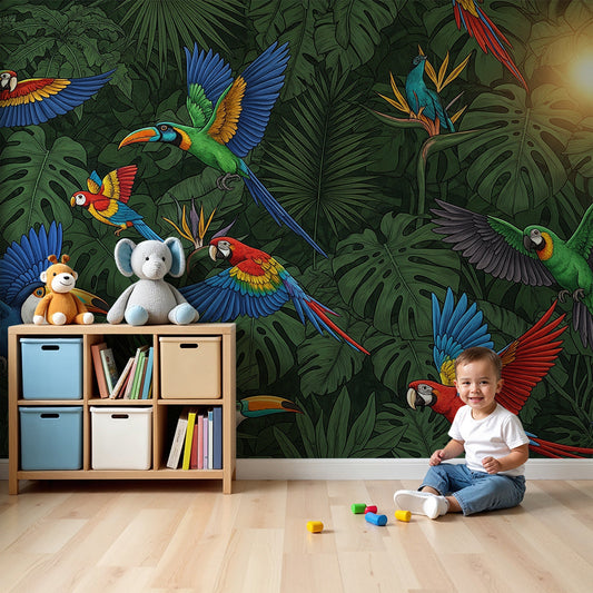 Kids-Mundo colourful parrot wall mural with toucan in a bright nursery