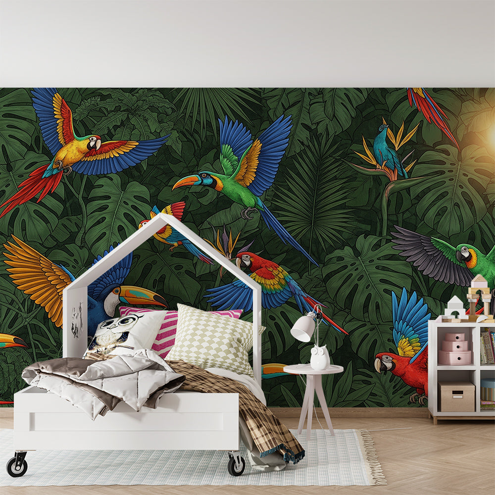 Kids-Mundo vibrant parrot wall mural with tropical flowers in a playroom