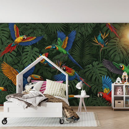 Kids-Mundo vibrant parrot wall mural with tropical flowers in a playroom