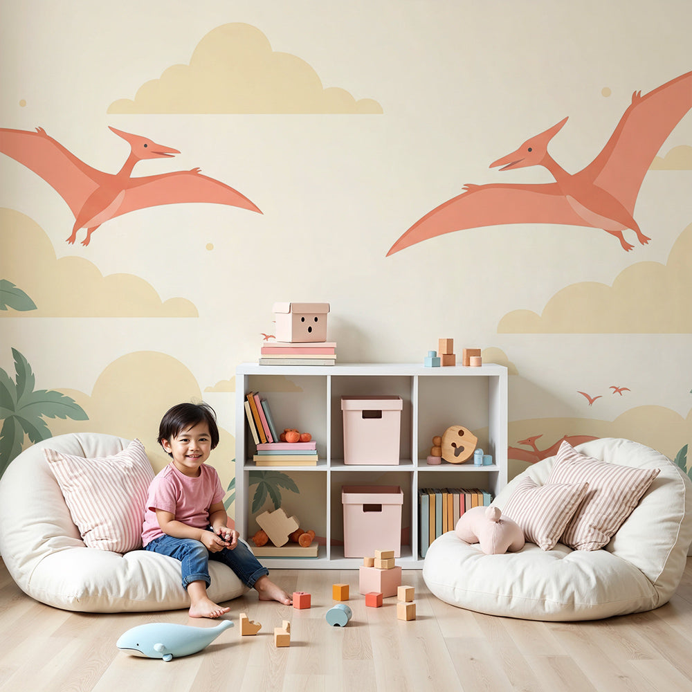 Kids-Mundo pterodactyl jungle wall mural styled in a bright, cheerful nursery