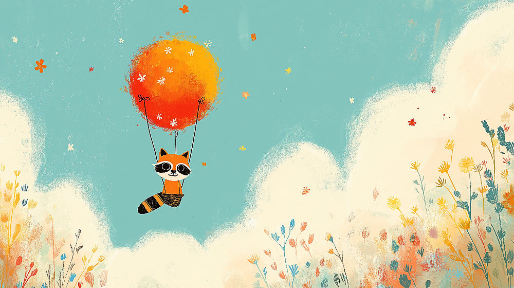 Detailed flying raccoon with balloon mural wallpaper design pattern showing sky and floral elements by Kids-Mundo