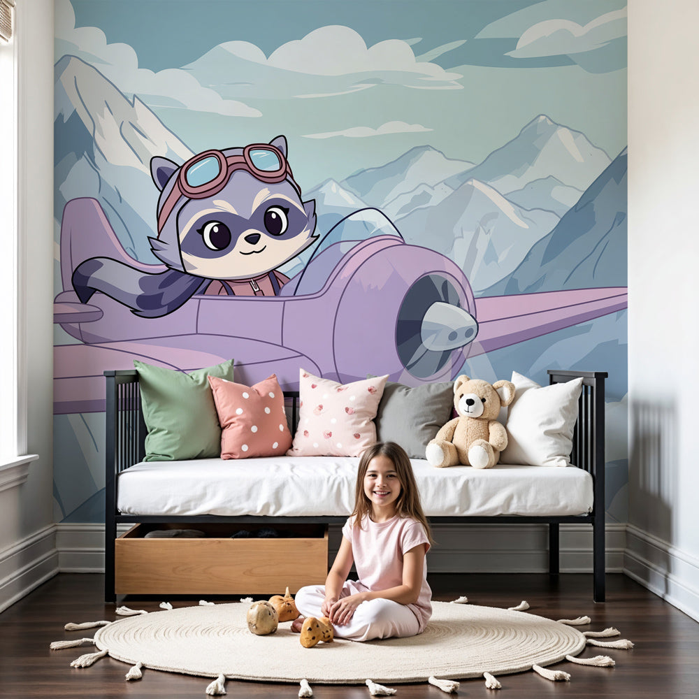 Flying raccoon mural wallpaper creating magical aviation-themed nursery decor by Kids-Mundo