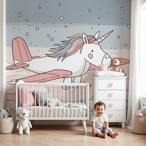 Flying unicorn mural wallpaper creating magical nursery decor with starry sky theme by Kids-Mundo