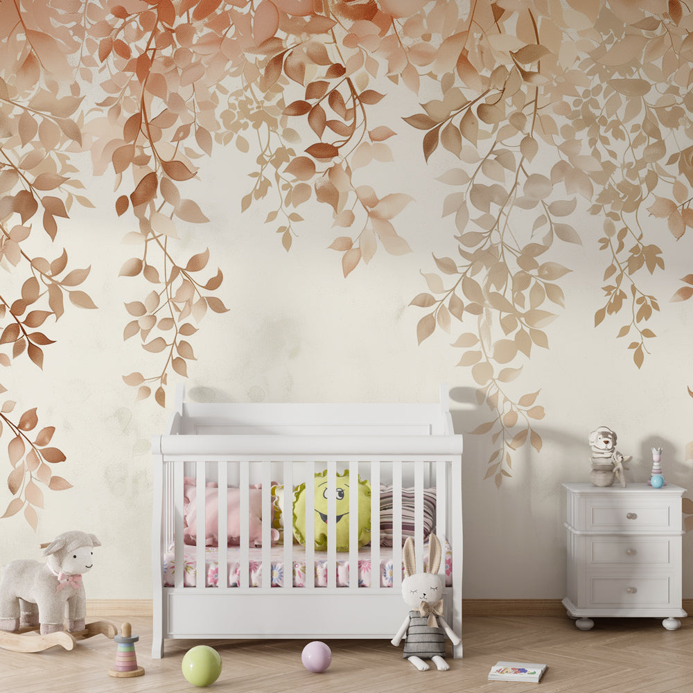 Hanging leaves wallpaper creating peaceful atmosphere in modern baby room