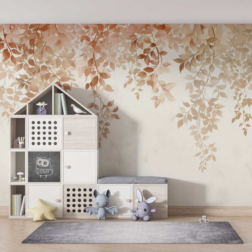 Botanical foliage mural wallpaper complementing neutral nursery furniture