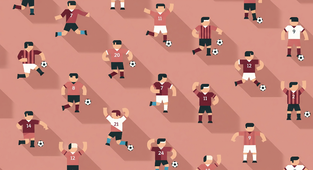 Kids-Mundo flat artwork of illustrated football players in maroon kits on a terracotta pink background.