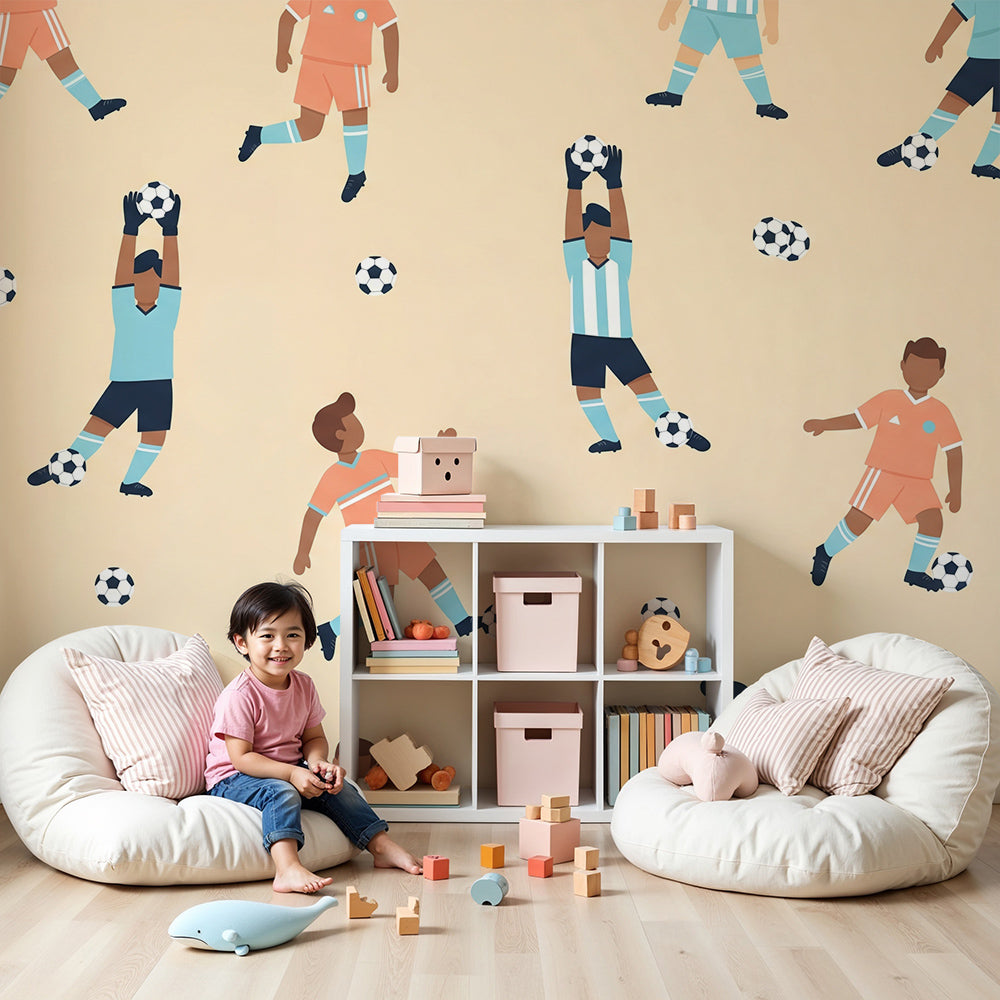 Kids-Mundo football players wall mural in a bright sports-themed nursery