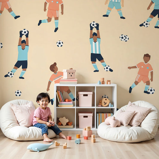 Kids-Mundo football players wall mural in a bright sports-themed nursery