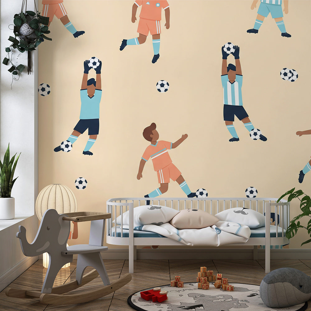 Kids-Mundo football wall mural with dribbling players in a fun playroom