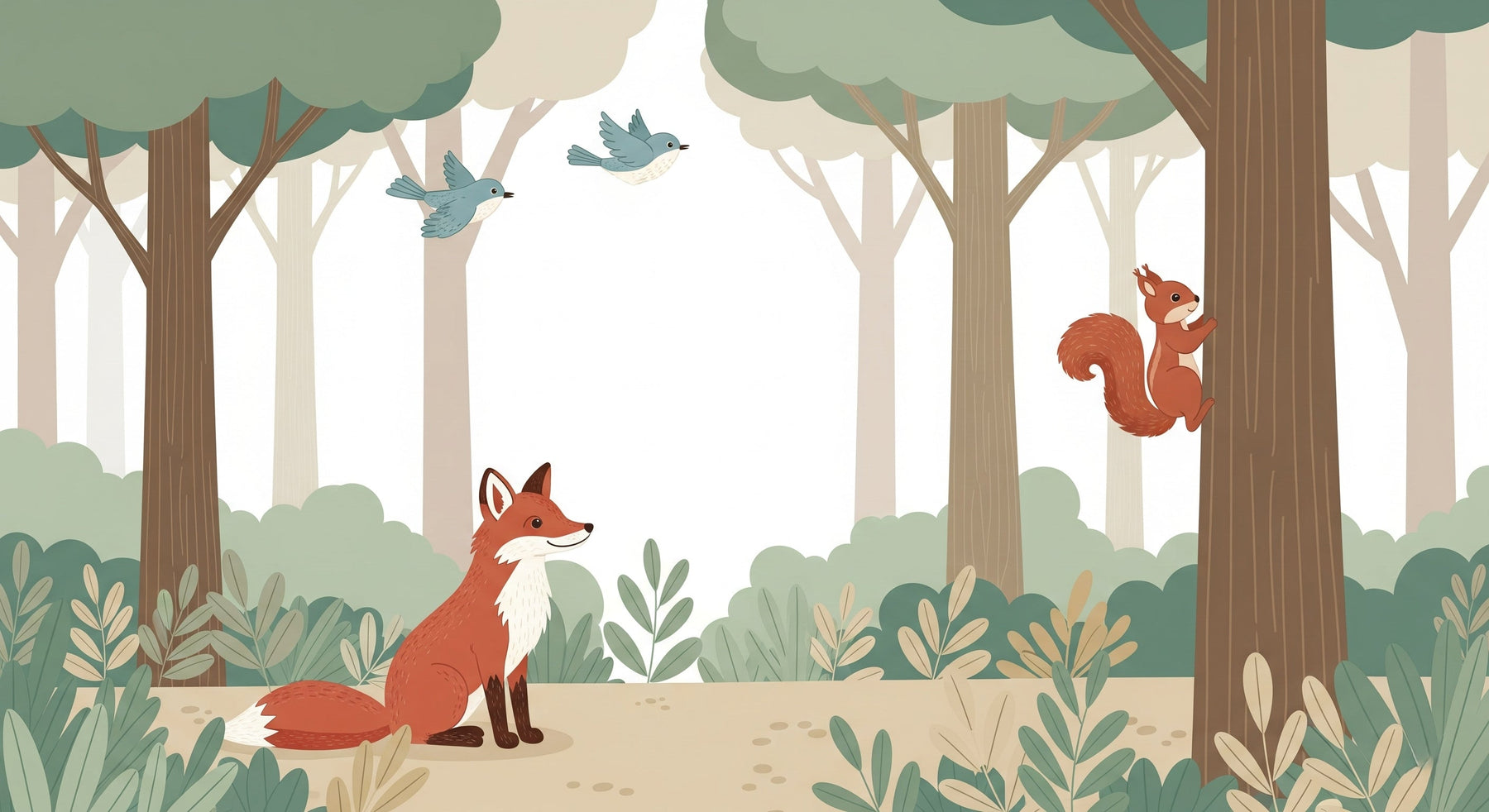 Detailed forest adventure mural wallpaper design pattern featuring fox squirrel and birds by Kids-Mundo