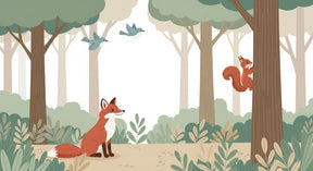 Detailed forest adventure mural wallpaper design pattern featuring fox squirrel and birds by Kids-Mundo