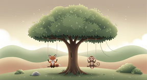 Detailed forest adventure mural wallpaper design pattern featuring fox and monkey characters by Kids-Mundo