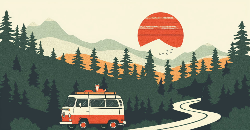 Detailed forest adventure mural wallpaper design pattern with retro sunset and green trees by Kids-Mundo
