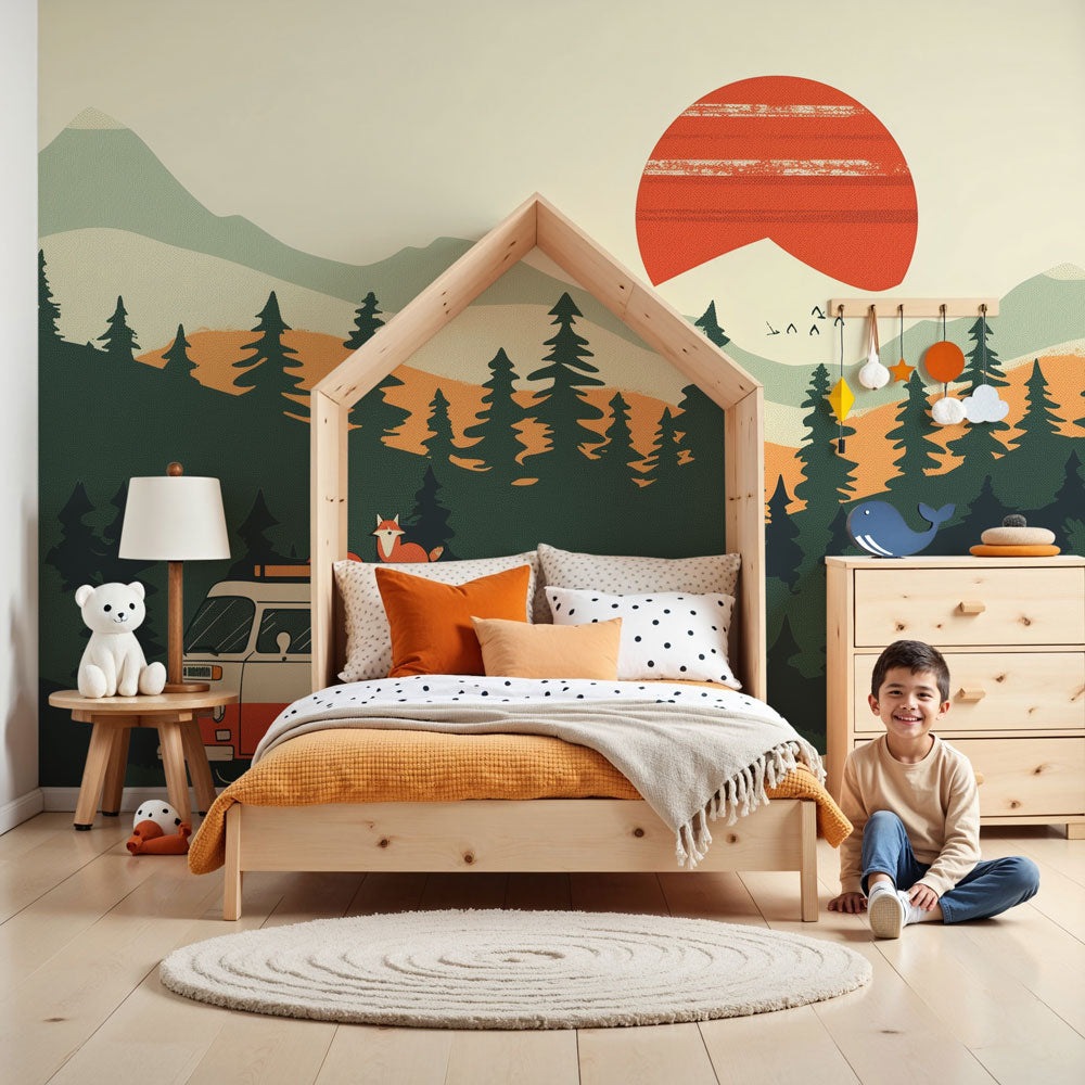 Forest adventure mural wallpaper with retro sunset design in modern kids nursery by Kids-Mundo