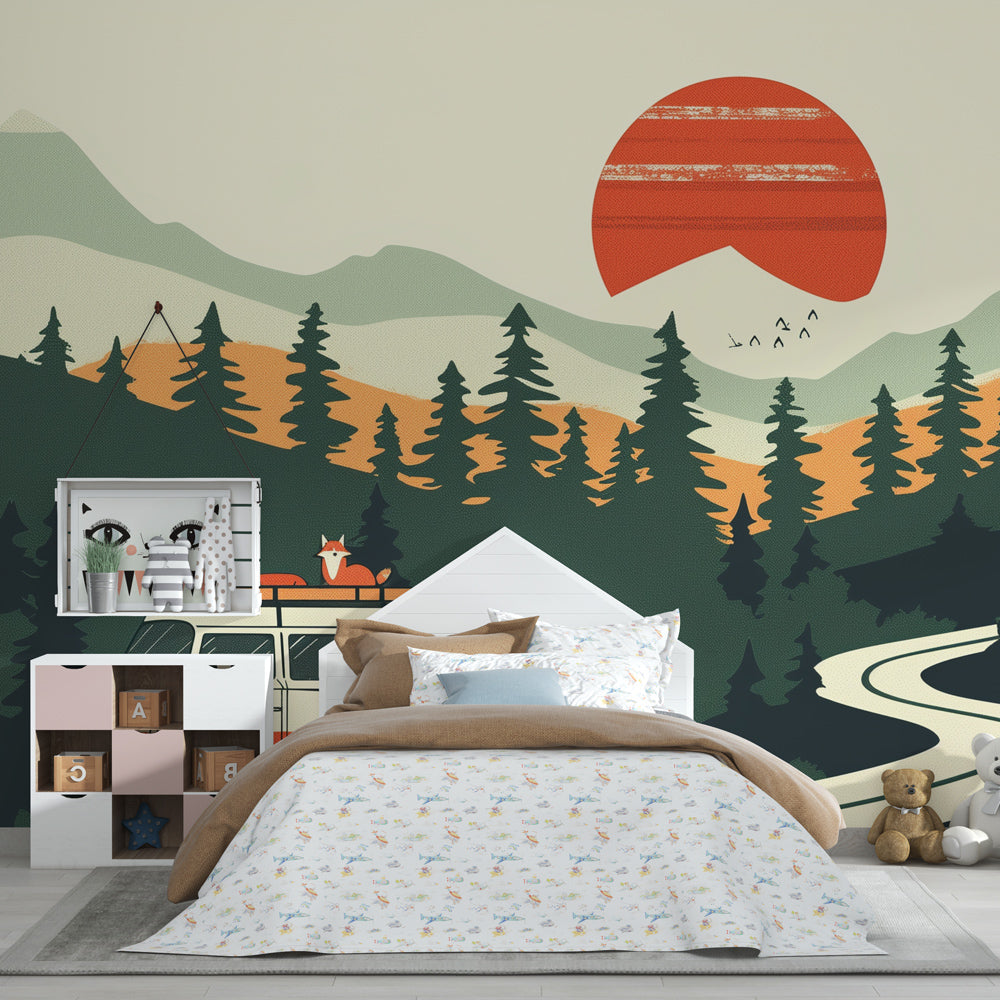 Retro forest sunset mural wallpaper transforming kids playroom into nature sanctuary