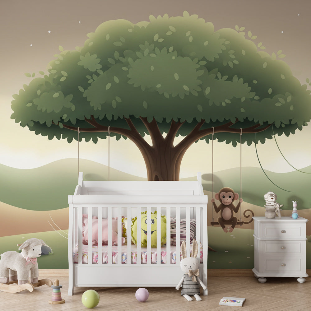 Fox and monkey swing wallpaper transforming children's playroom into woodland adventure space