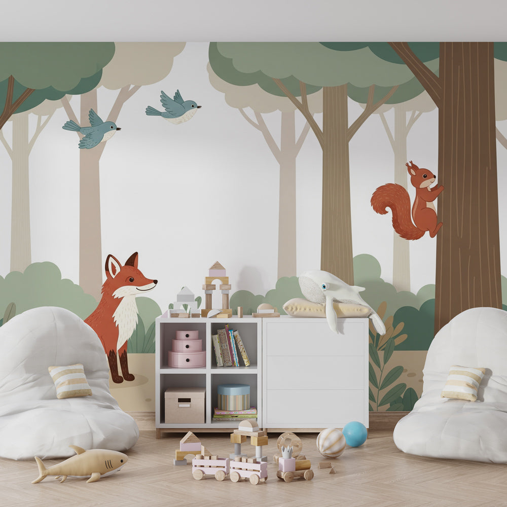 Fox and squirrel wallpaper transforming toddler room into magical forest sanctuary by Kids-Mundo