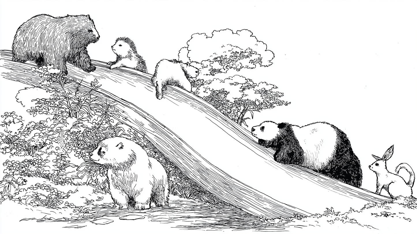 Kids-Mundo flat artwork of a bear, panda cub and rabbit sliding down a grassy woodland hillside