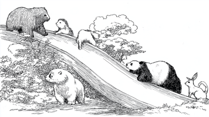 Kids-Mundo flat artwork of a bear, panda cub and rabbit sliding down a grassy woodland hillside