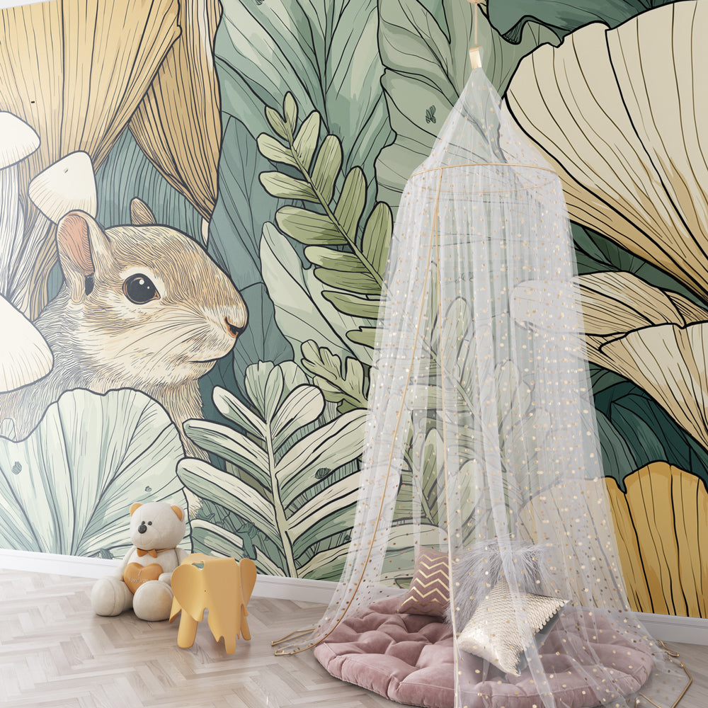 Woodland critters wallpaper creating magical jungle atmosphere in children's bedroom