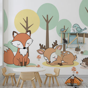 Enchanting woodland mural wallpaper creating magical kids bedroom decor with fox and deer