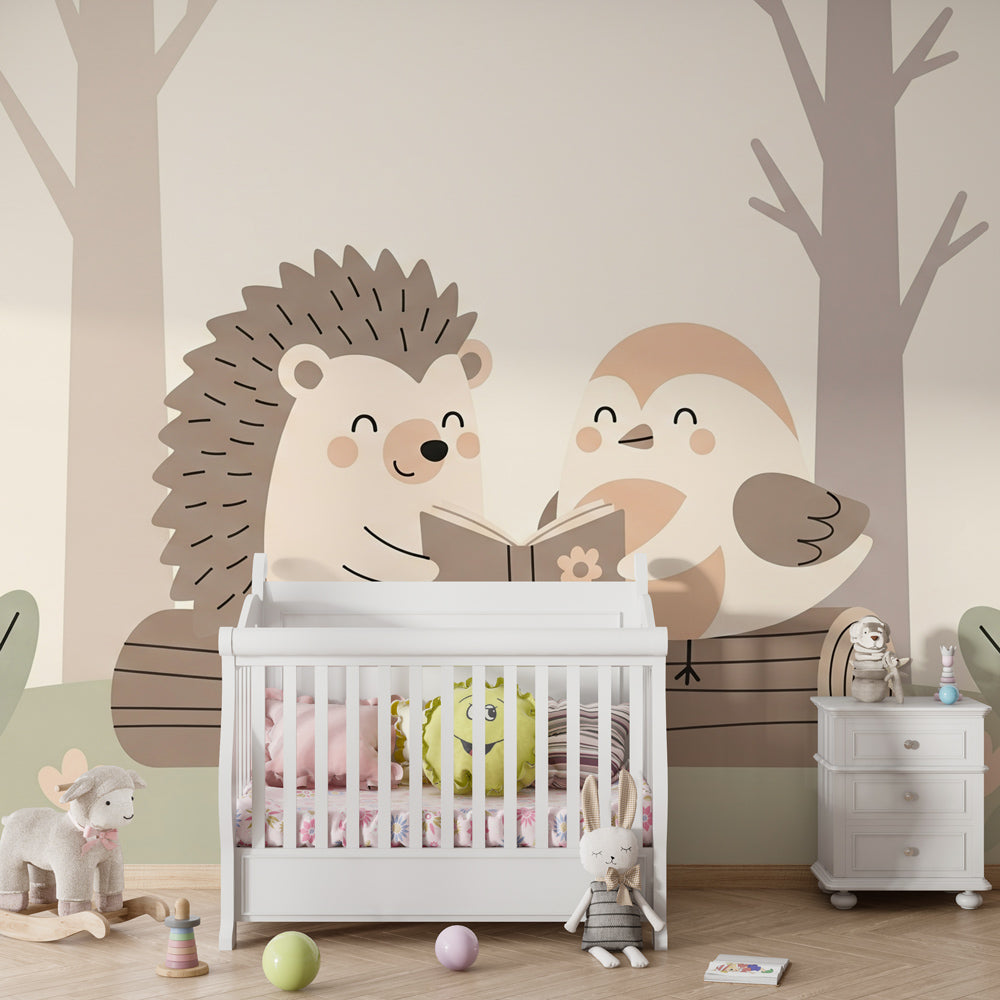 Woodland themed mural wallpaper creating magical reading corner in children's bedroom